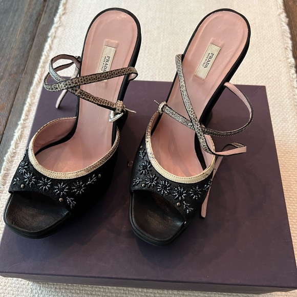 Prada Black Embellished Platform Ankle Strap Sandals Size 39 - Picture 1 of 6